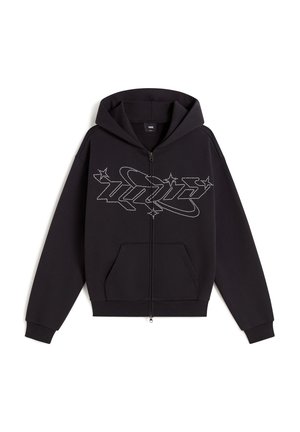 Felpa con cappuccio nera con zip, con una grande grafica decorativa in strass raffigurante stelle e un pianeta. Tasche frontali a marsupio, polsini a coste.