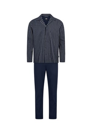 Herre pyjamassæt bestående af en langærmet overdel med marineblå og hvide lodrette striber samt ensfarvede marineblå bukser. Fremstillet af blødt stof med en afslappet pasform.