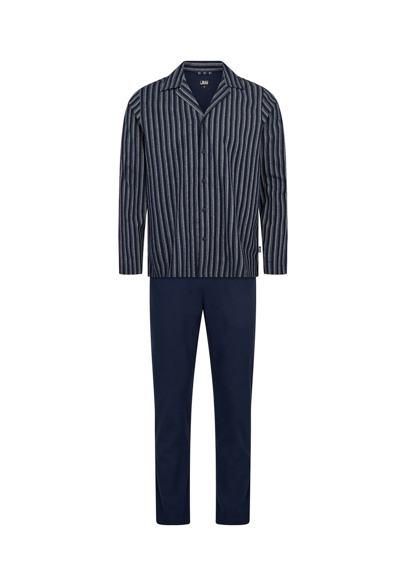 Herre pyjamassæt bestående af en langærmet overdel med marineblå og hvide lodrette striber samt ensfarvede marineblå bukser. Fremstillet af blødt stof med en afslappet pasform.