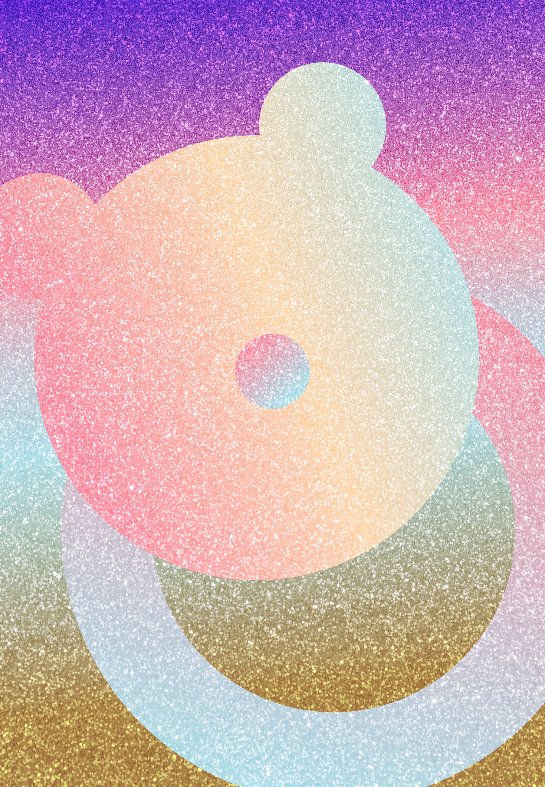 Abstrakcyjny design z nakładającymi się miękkimi, pastelowymi okręgami w kolorach różowym, niebieskim i pomarańczowym na świecącym, gradientowym tle.
