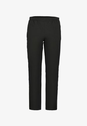 Zwarte rechte broek met elastische tailleband, geen zichtbare zakken of extra details, weergegeven op een witte achtergrond.