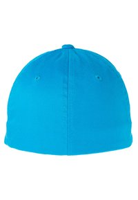 Bright blue baseball cap with a structured crown and flat brim. Made of smooth fabric, featuring ventilation holes on the top.