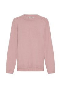 Różowy sweter z dzianiny z okrągłym dekoltem, prążkowanymi mankietami i dołem. Posiada lekko opuszczone szwy na ramionach oraz gładką fakturę.