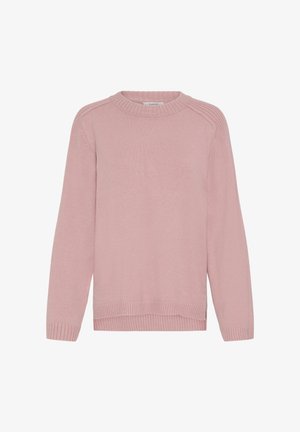 Rožinė megzta džemperis su apvaliu kaklu, gūdriais rankogaliais ir apatine dalimi. Yra šiek tiek nusileidę pečių siūlai ir glotni tekstūra.