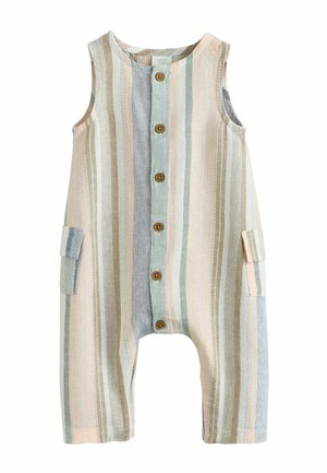 Varrukateta beebiriide, millel on vertikaalsed pastelsed triibud beežis, sinises ja roosas, ees puidust nööpidega ja külgedel katted taskud.