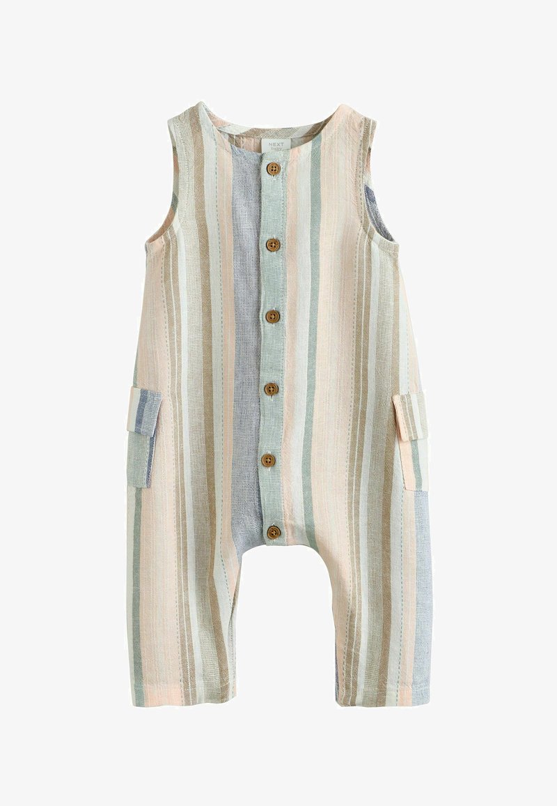 Combinaison bébé sans manches avec rayures verticales pastel beige, bleu et rose, boutons en bois à l'avant et poches à rabat latérales.