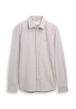 Light gray button-up shirt with a pointed collar, long sleeves, subtle texture, and a small, embroidered logo on the left chest.