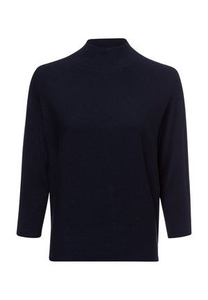Marineblauer Rollkragenpullover mit Dreiviertelärmeln, strukturiertem Ribbenmuster und lockerer Passform, gefertigt aus einem weichen, leichten Stoff.