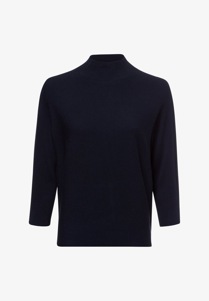 Marineblauer Rollkragenpullover mit Dreiviertelärmeln, strukturiertem Ribbenmuster und lockerer Passform, gefertigt aus einem weichen, leichten Stoff.