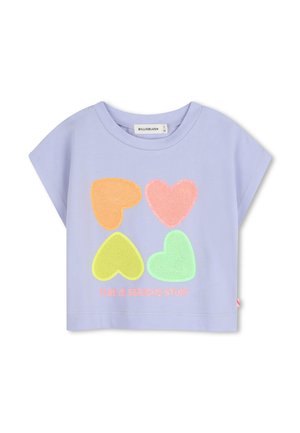 Lavendelfarbenes kurzärmeliges T-Shirt mit vier herzförmigen Motiven in Orange, Rosa, Gelb und Grün mit Glitzereffekt, versehen mit dem Text "DAS IST ERNST ZU NEHMENDE SACHE."