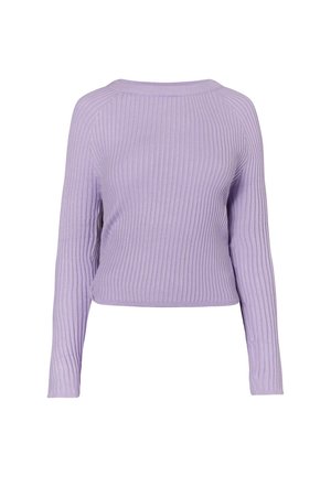 Lavendel gebreide ribbeltrui met lange mouwen, ronde halslijn en een cropped pasvorm. Zachte textuur en subtiele stretch verhogen het comfort.