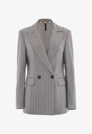 Grahameliertes Blazer mit breiten Revers, doppelreihigen Knöpfen, zwei Vorderstaschen und strukturierten Schultern. Glatte Stoffoberfläche.