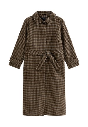 Cappotto a motivo check marrone con colletto classico, maniche lunghe e cintura a fiocco in vita. Realizzato in un tessuto testurizzato.