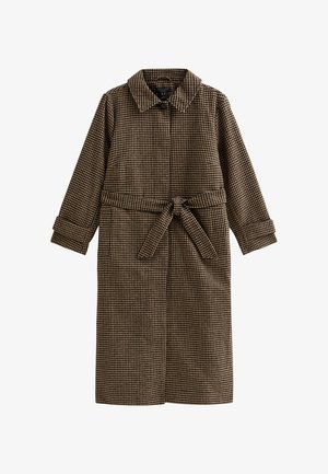 Cappotto a motivo check marrone con colletto classico, maniche lunghe e cintura a fiocco in vita. Realizzato in un tessuto testurizzato.