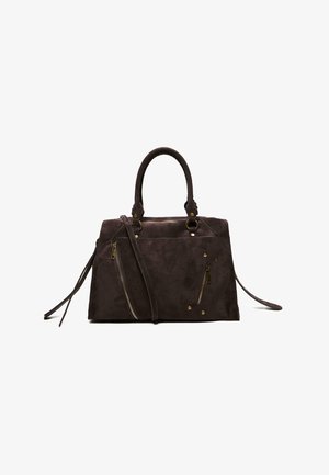 Borsa in camoscio marrone scuro con doppio manico, tracolla lunga regolabile e due tasche diagonali con zip e ferrature in ottone.