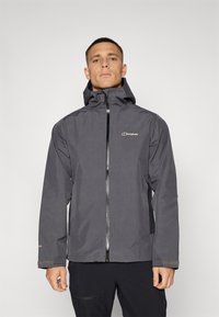 Dark grey waterproof jacket with a hood, zip closure, adjustable cuffs, and reflective accents. Features the "Berghaus" logo on the chest.