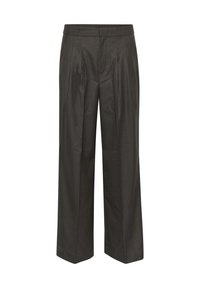Pantalons larges gris foncé en tissu lisse, dotés d'un devant plissé et d'une taille ajustée pour une apparence structurée.