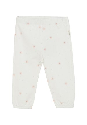 Weisse Baumwollhosen mit elastischem Bund, die mit einem Muster aus kleinen rosa und blauen Blumen sowie dezenten Glitzerakzenten versehen sind.