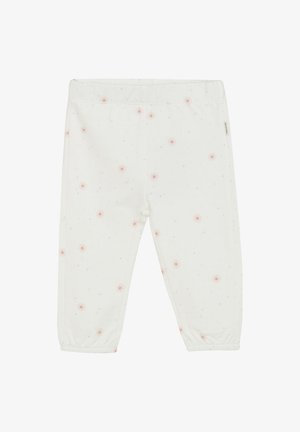 Weisse Baumwollhosen mit elastischem Bund, die mit einem Muster aus kleinen rosa und blauen Blumen sowie dezenten Glitzerakzenten versehen sind.
