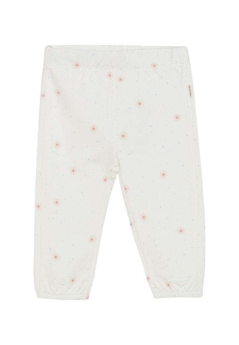 Pantalon en coton blanc avec une taille élastique, orné d'un motif de petites fleurs roses et bleues, avec des accents subtils de paillettes.