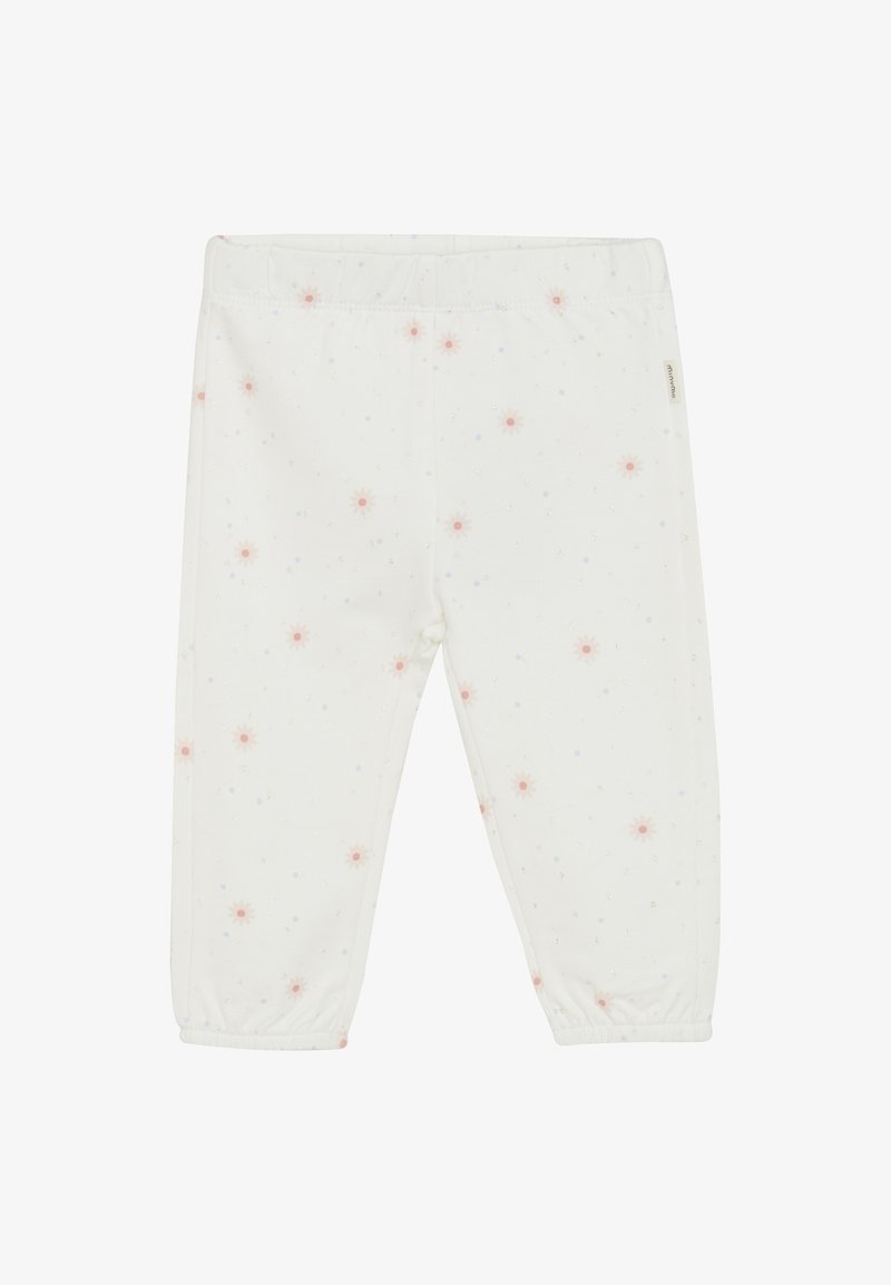 Witte katoenen broek met een elastische tailleband, versierd met een patroon van kleine roze en blauwe bloemen, en subtiele glinsteraccenten.