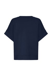 Tmavomodrý voľný top s krátkym rukávom, s manžetami na rukávoch a rovnou lemovkou, zobrazený zozadu.