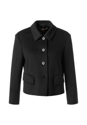 Schwarz gekürzte Jacke mit Kragen, ausgestattet mit vier Knöpfen, zwei Vorderaschen und einer glatten Textur. Einfaches Design ohne Muster oder Akzente.