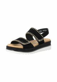 Černá sandála se dvěma širokými pásky se světlým šitím, béžovou polstrovanou stélkou a bílou vroubkovanou podrážkou.