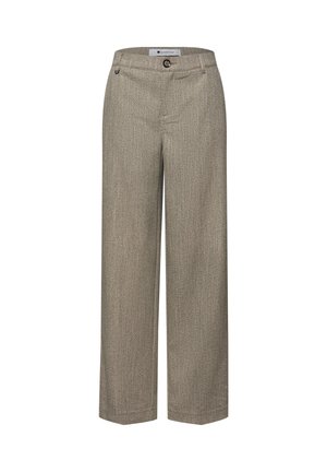 Pantalon beige à motifs avec une coupe ample, un tissu texturé et une fermeture avant à un seul bouton. Dispose de poches latérales et d'une coupe droite.