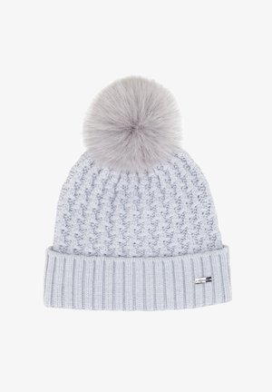 Cappellino a maglia grigio chiaro con motivo testurizzato, caratterizzato da un design alto e un soffice pon pon grigio sulla sommità. Polsino a costine per una vestibilità sicura.