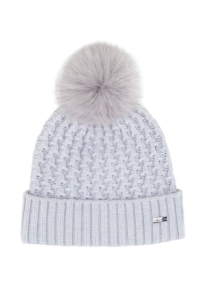 Lichtgrijze gebreide muts met een gestructureerd patroon, met een hoog model en een zachte grijze pompon bovenop. Geribbelde boord voor een stevige pasvorm.