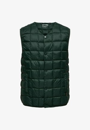 Padded green vest with a round neckline, button closure, and quilted design featuring square patterns. Made from shiny, smooth material.