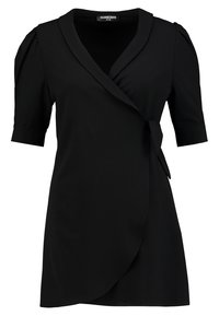 Black wrap dress with short puff sleeves, v-neckline, and a side tie detail. Made from a smooth fabric, featuring a slightly structured shape.