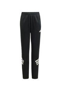 Pantalones deportivos negros con cinturilla elástica, corte ajustado y tres franjas blancas en la parte inferior de las piernas. Hechos de una tela suave y lisa.