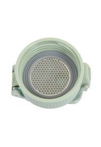 Green silicone collapsible container with a textured exterior, featuring a circular perforated base and a clip-on lid for secure closure.