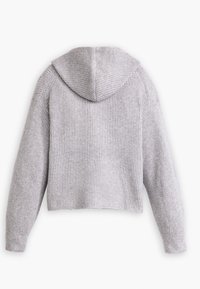 Gray cropped hoodie with a textured ribbed pattern, featuring a hood and long sleeves. The fabric appears soft and knitted.
