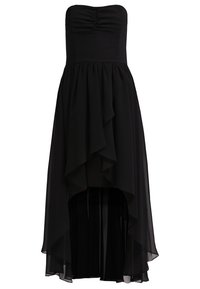 Černé bezramínkové šaty s přiléhavým korzetem se sklady a splývavou, vrstvenou šifonovou sukni, která se asymetricky překrývá.