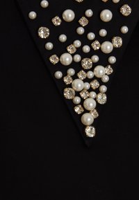 Tessuto nero con scollo a triangolo adornato da perle bianche sparse e strass trasparenti di varie dimensioni e forme.