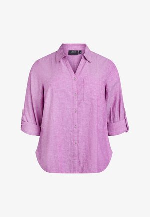 Svetlo roza srajca z gumbi, izdelana iz strukturirane tkanine, z ovratnikom, zavitimi rokavi in prsno žepom. Ukrojeni rob.