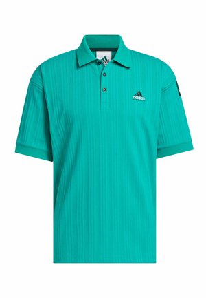 Polo shirt turchese realizzato in un tessuto testurizzato con un motivo a coste. Presenta un colletto classico e tre bottoni, con il logo Adidas sul petto.