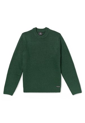 Suéter de punto verde con cuello redondo, puños y dobladillo acanalados, hecho de un tejido suave; presenta una pequeña etiqueta con el logo en la parte inferior izquierda.