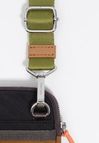 Zelena najlonska naramnica s srebrnim dodatki, kožni naglasak. Črna i smeđa torbica sa zatvaračem koja ima dekorativnu šav i narančasti povlačni trak.