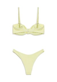 Yellow ribbed bikini set featuring a structured bralette with adjustable straps and matching minimalist thong-style bottoms.