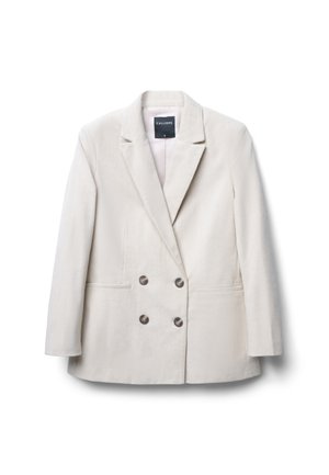 Blazer in corduroy beige chiaro con design doppiopetto, rever a punta, due tasche frontali e bottoni color argento.
