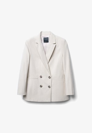 Helle beige Cordblazer mit doppelter Knopfleiste, Reverskragen, zwei vorderen Taschen und silberfarbenen Knöpfen.