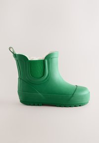 Grüner Gummiregenstiefel mit einer strukturierten Sohle, einem Textilpaneel an der Rückseite und einem Kunstfellfutter oben für zusätzlichen Komfort.