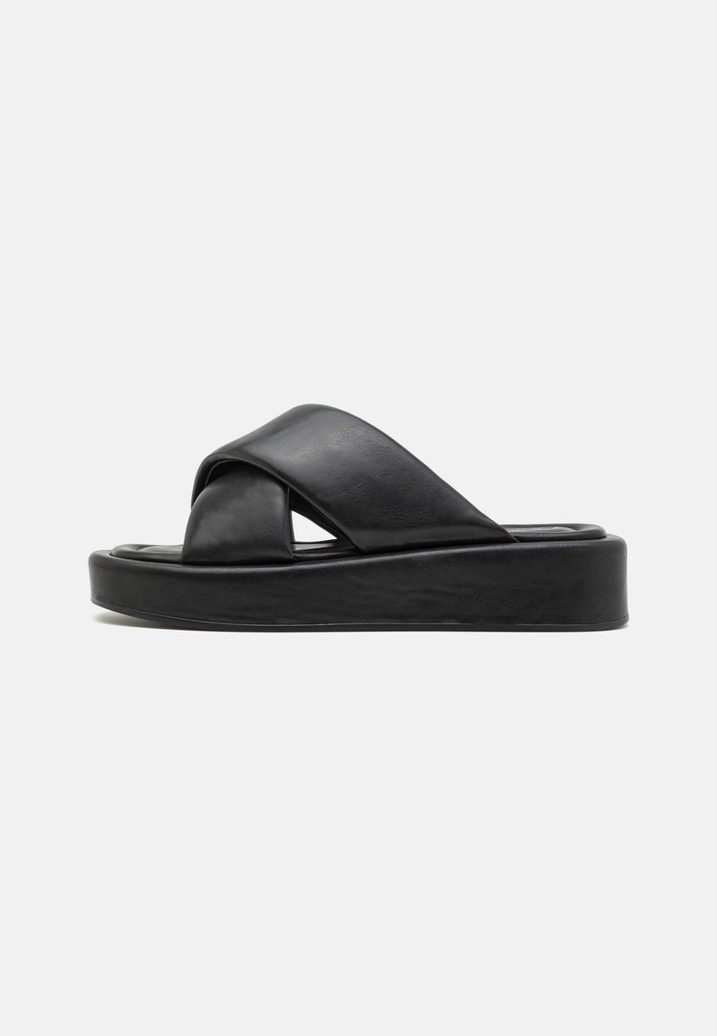 Sandales en cuir noir avec un design à brides croisées, semelle plate et texture lisse. Esthétique minimaliste et monochrome.