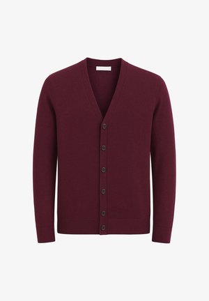 Cardigan bordeaux, design a scollo a V, tessuto lavorato a maglia, maniche lunghe, presenta sei bottoni neri sul davanti, polsini e orlo a coste.