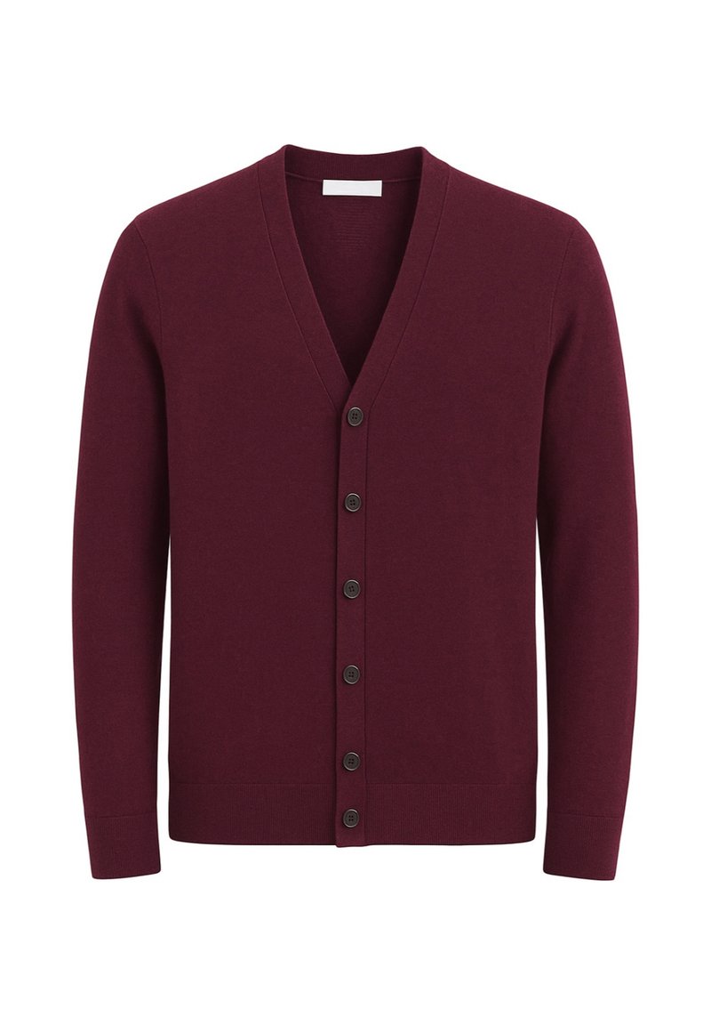 Cardigan bordeaux, design a scollo a V, tessuto lavorato a maglia, maniche lunghe, presenta sei bottoni neri sul davanti, polsini e orlo a coste.