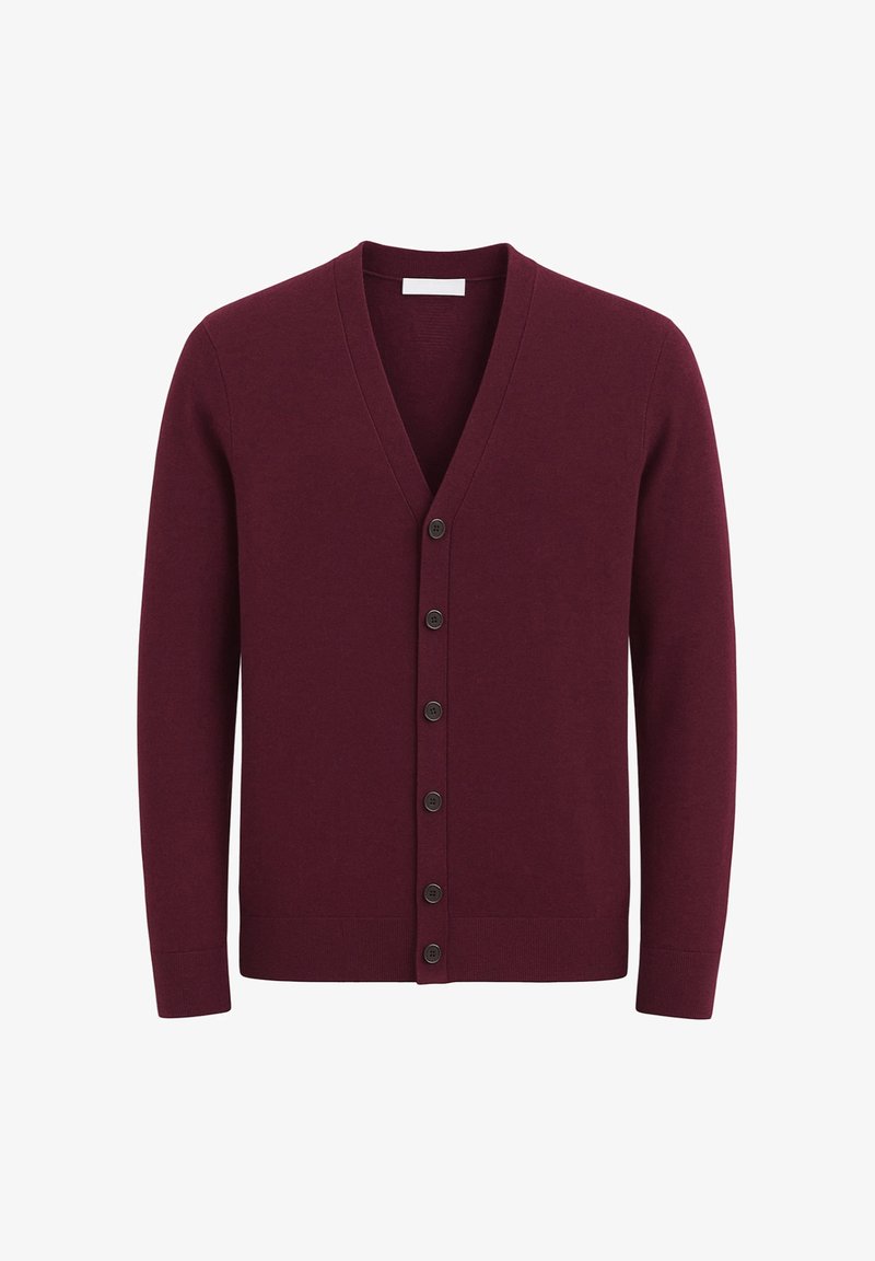 Cardigan bordeaux, design a scollo a V, tessuto lavorato a maglia, maniche lunghe, presenta sei bottoni neri sul davanti, polsini e orlo a coste.